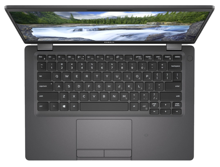 A computer with a river and trees on the screen Description automatically generated